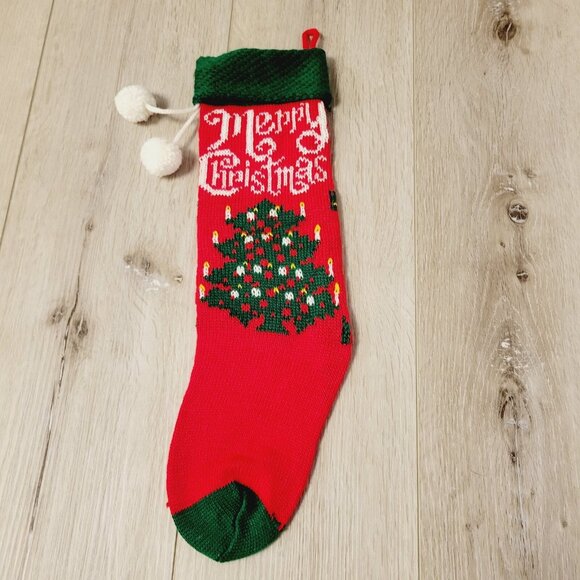 Vintage Knit Christmas Holiday Stocking With Merry Christmas & Tree Design - Picture 4 of 6